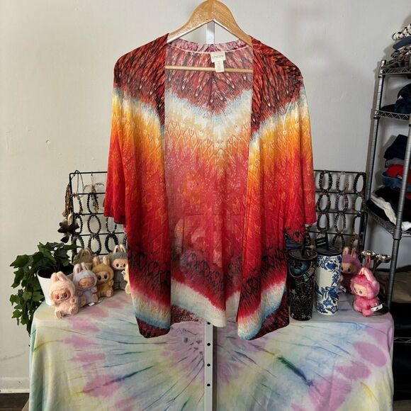 Chico’s medium Vibrant Red Gradient Women's Sweater open cardigan kimono - Picture 2 of 5